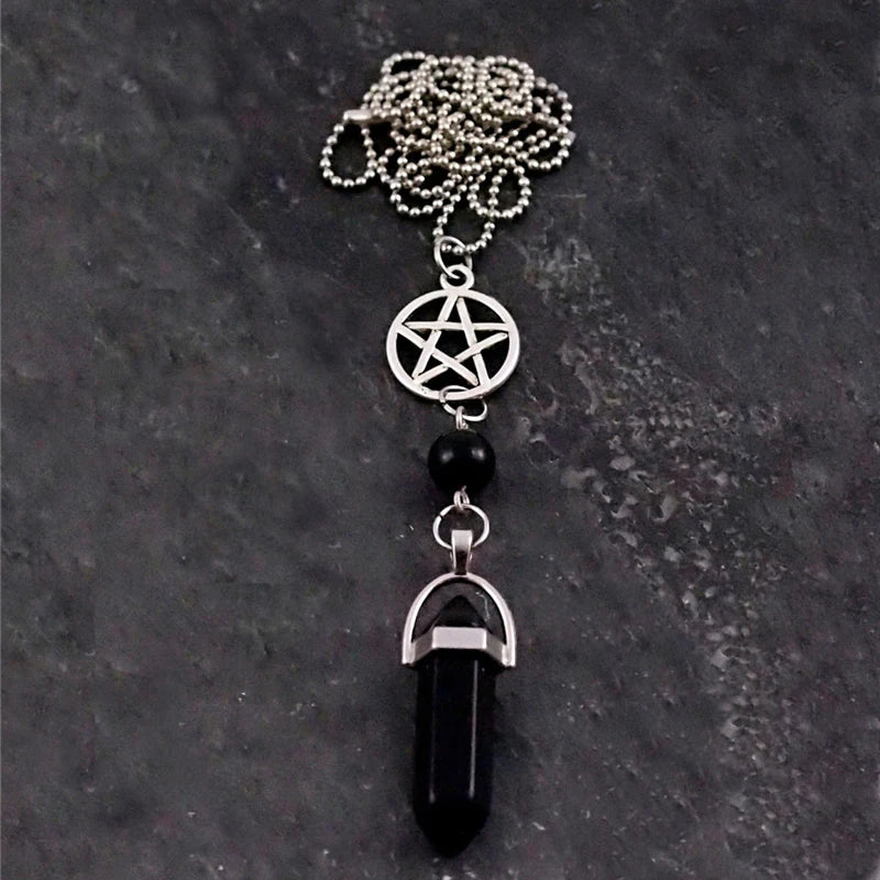 Gothic Bat Pendant Necklace for Women Men Beaded Chain Retro Pagan Pentagram Goth Necklace Male Female Jewelry Gift Accessories