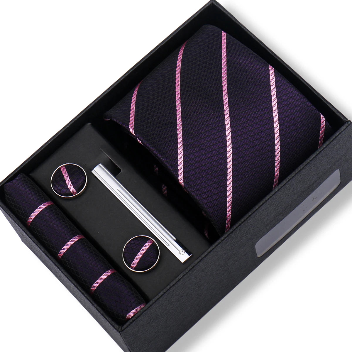 Fashion Elegant Men's Necktie Gift Box Striped Tie Handchief Cufflink Tie Clip 4 pcs Set Wedding Business Party Suit Accessories