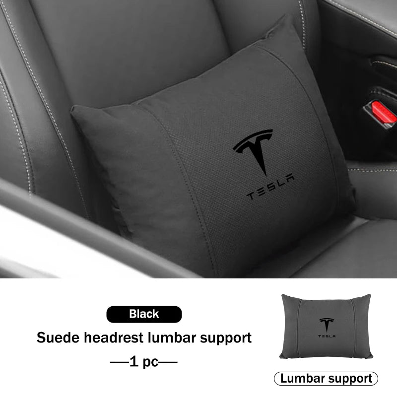 Suede Car Seat Neck Pillow Headrest Waist Lumber Support For Tesla Model 3 Y S X Roadster