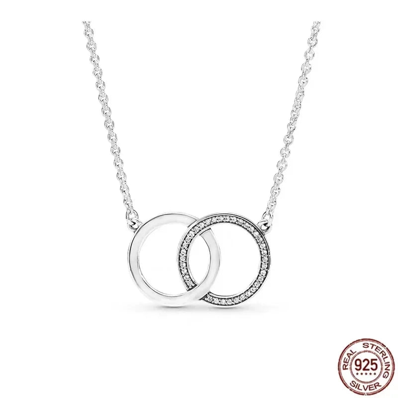 Classic 925 sterling silver shiny round hearts square pendant necklace fit original Pandora pendant DIY couple jewelry gifts