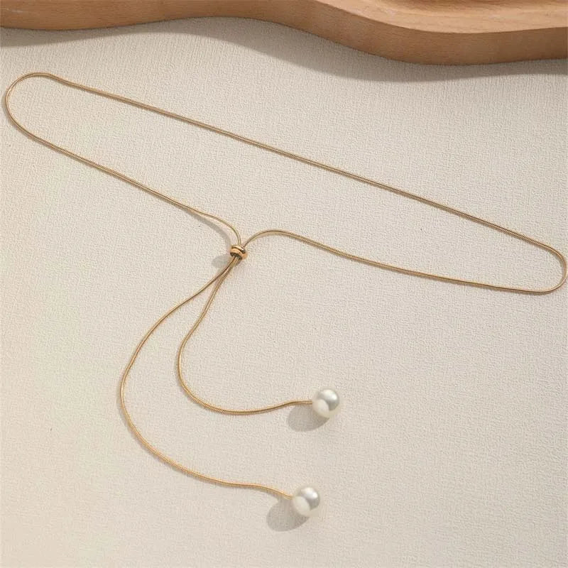 Fashion Silver Color Long Tassel Pull Pearl Pendant Necklaces for Women Simple Adjustable Clavicle Chain Choker Jewelry Gift