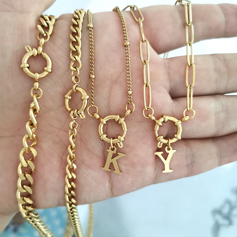 QMHJE Sailor Clasp Necklace Women Men Choker Stainless Steel Geometric Rolo Link Cuba Paperclip Chain Basic DIY PVD Gold Color