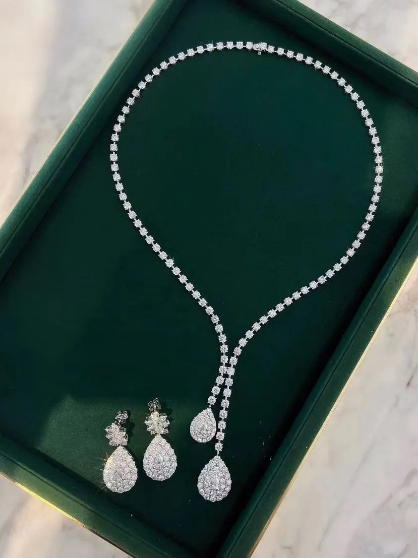 AEAW 14k Gold IGI Pear Cut Full Eternity DE Color VS-VVS Necklace & Earring total 30g Lab Grown Diamond Matching Setting