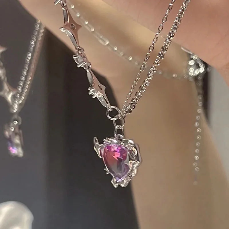Korean Fashion Necklace for Women Heart Shaped Zircon Necklace Pendant Temperament Clavicle Chain Birthday Party Jewelry Gift