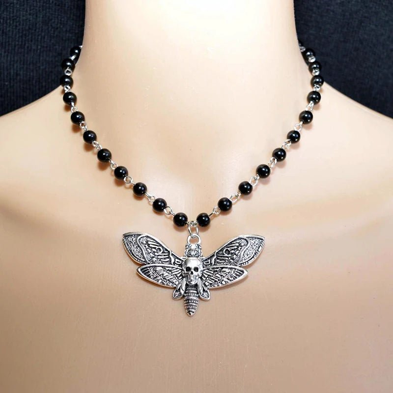 Gothic Bat Pendant Necklace for Women Men Beaded Chain Retro Pagan Pentagram Goth Necklace Male Female Jewelry Gift Accessories