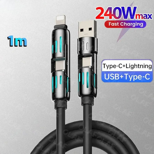 4 in 1 240W USB Type C Silicone Fast Charging Cable 5A USB Type C To Lightning Super Fast Charge Data Cable For iPhone 15 Xiaomi