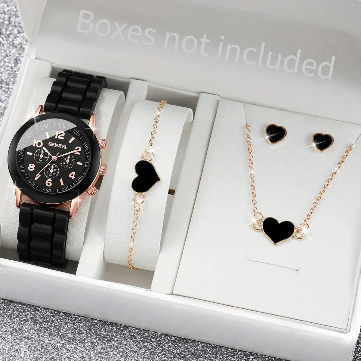 4PCS/Set Geneva Watch Fashion Silicone Band Women Watches Heart Jewelry Set ( Without Box )