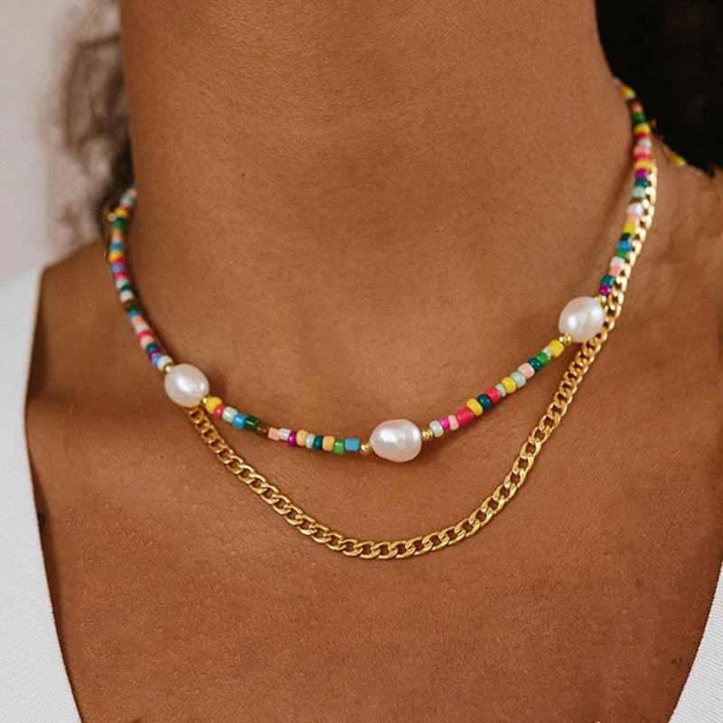 Bohemian Multilayer Handmade Beads Chain Fashion Necklaces Tassels Colorful Crystal Pendant Jewelry For Women Accessories X0180