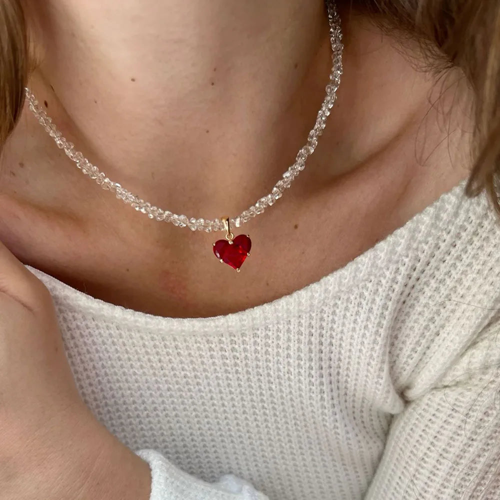 Design Exaggerated Irregular CCB Beads Chain With Crystal Heart Pendant Necklace for Women Valentine's Gift X0303