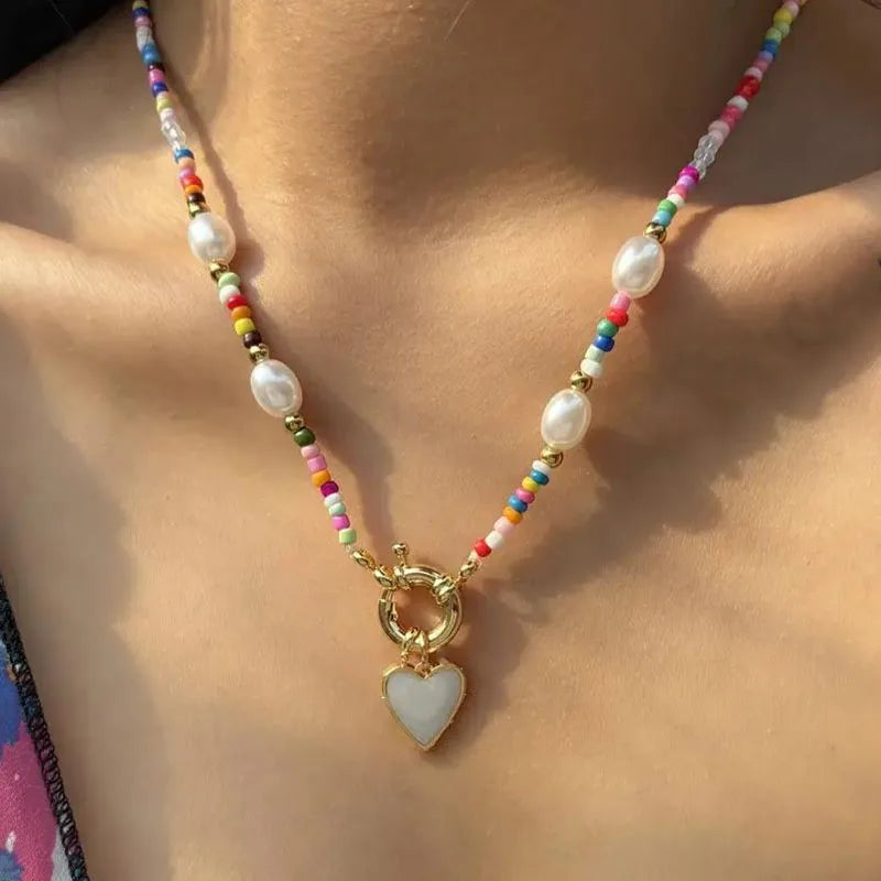YWZIXLN Bohemian Colorful Beads Chain Fashion Necklaces White Heart Pendant Jewelry For Women Valentine's Accessories N0463