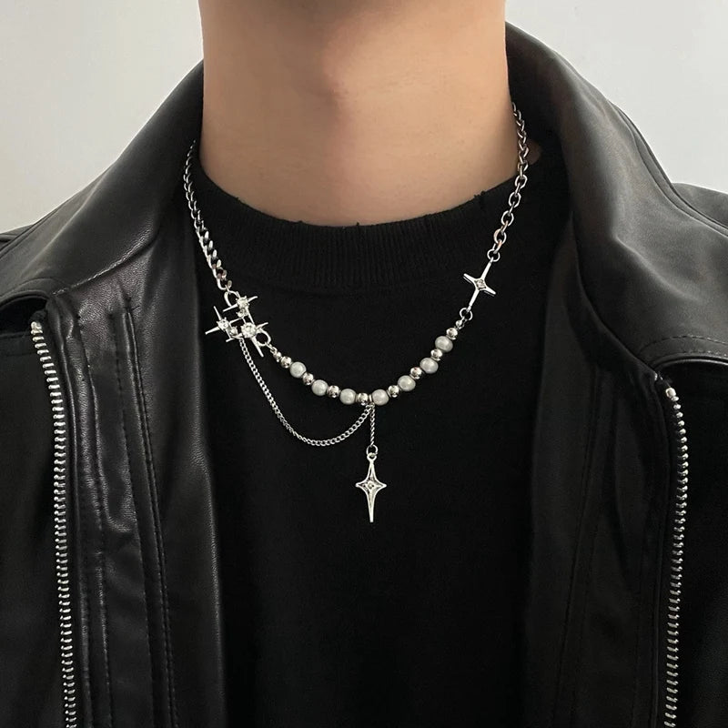 Kpop Cross Star Beaded Necklace for Men Unisex Hiphop Imitation Pearl Star Pendant Necklaces Women Y2K Punk Tassel Necklace