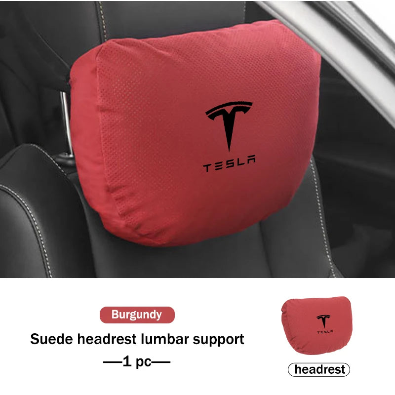 Suede Car Seat Neck Pillow Headrest Waist Lumber Support For Tesla Model 3 Y S X Roadster