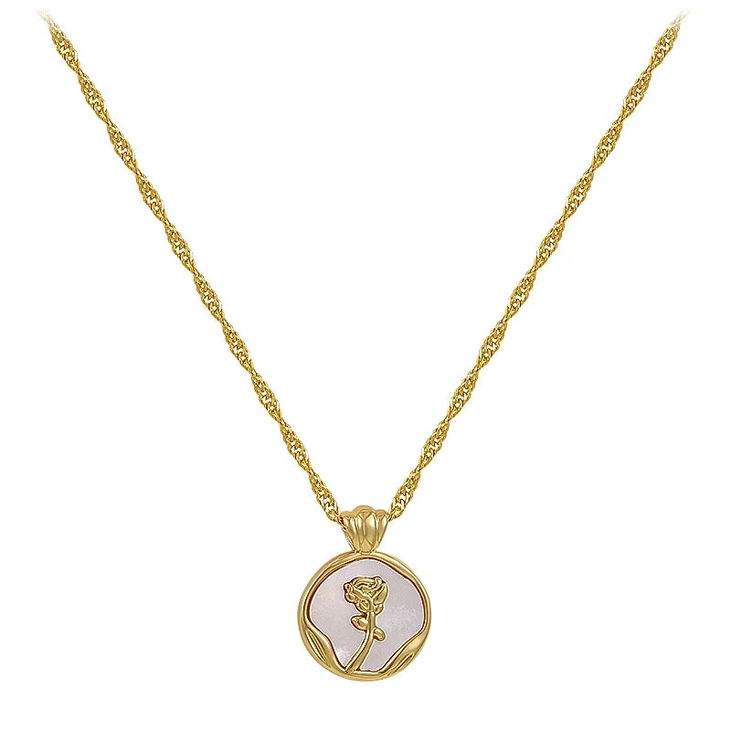 2024 New Irregular Round Shell Metal Rose Pendant Stainless Steel Necklace For Women's Sexy Neck Chain Party Luxury Jewelry