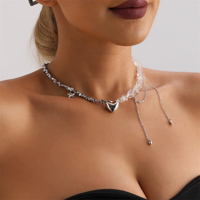 New Y2K Heart Beaded Necklace Women Boho Crystal Class Gravel Clavicle Chain Cool Y2K Choker Exquisite Fashion Jewelry