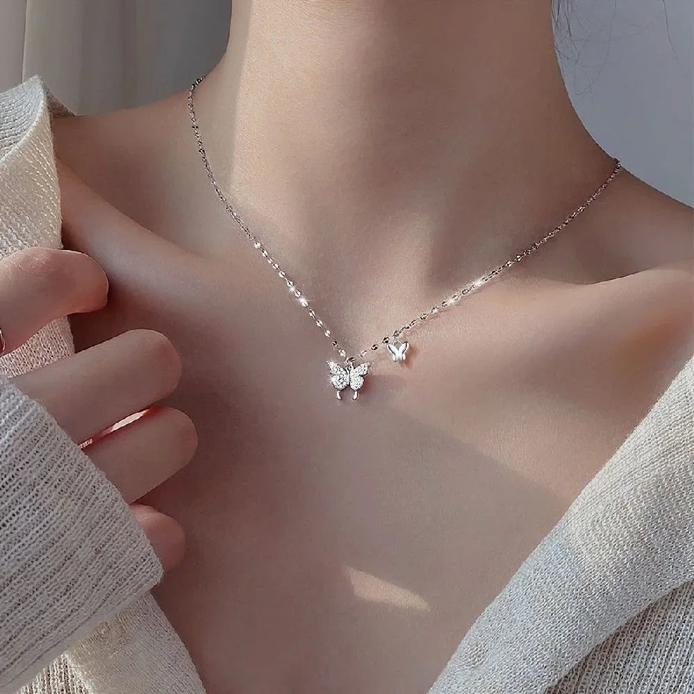 Korean Fashion Shiny Butterfly Necklace Exquisite Silver Chain Necklace Ladies Wedding Party Jewelry Gift Female Wholesale