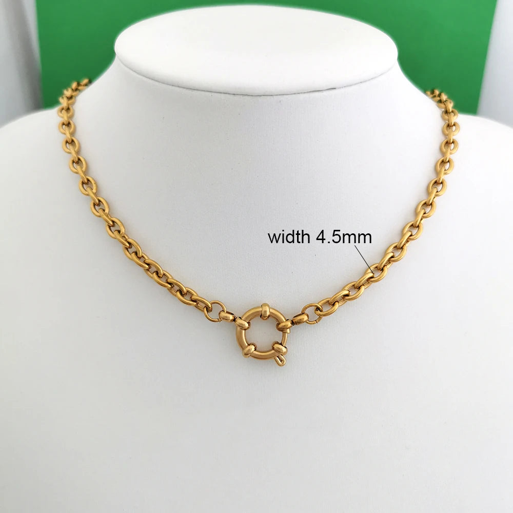 QMHJE Sailor Clasp Necklace Women Men Choker Stainless Steel Geometric Rolo Link Cuba Paperclip Chain Basic DIY PVD Gold Color