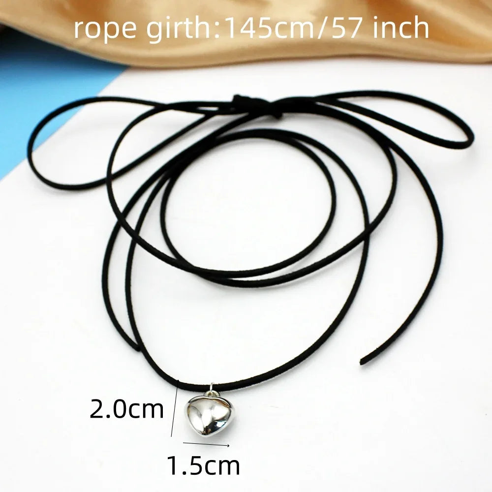 Punk Goth Black Velvet Big Heart Pendant Choker Necklace for Women Elegant Weave Knotted Bowknot Adjustable Chain Jewelry