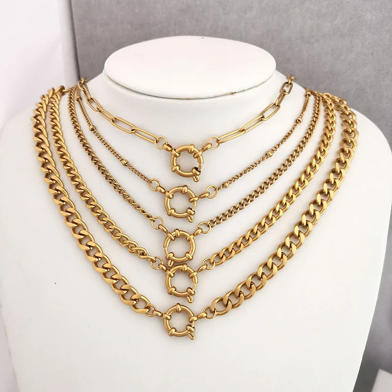 QMHJE Sailor Clasp Necklace Women Men Choker Stainless Steel Geometric Rolo Link Cuba Paperclip Chain Basic DIY PVD Gold Color