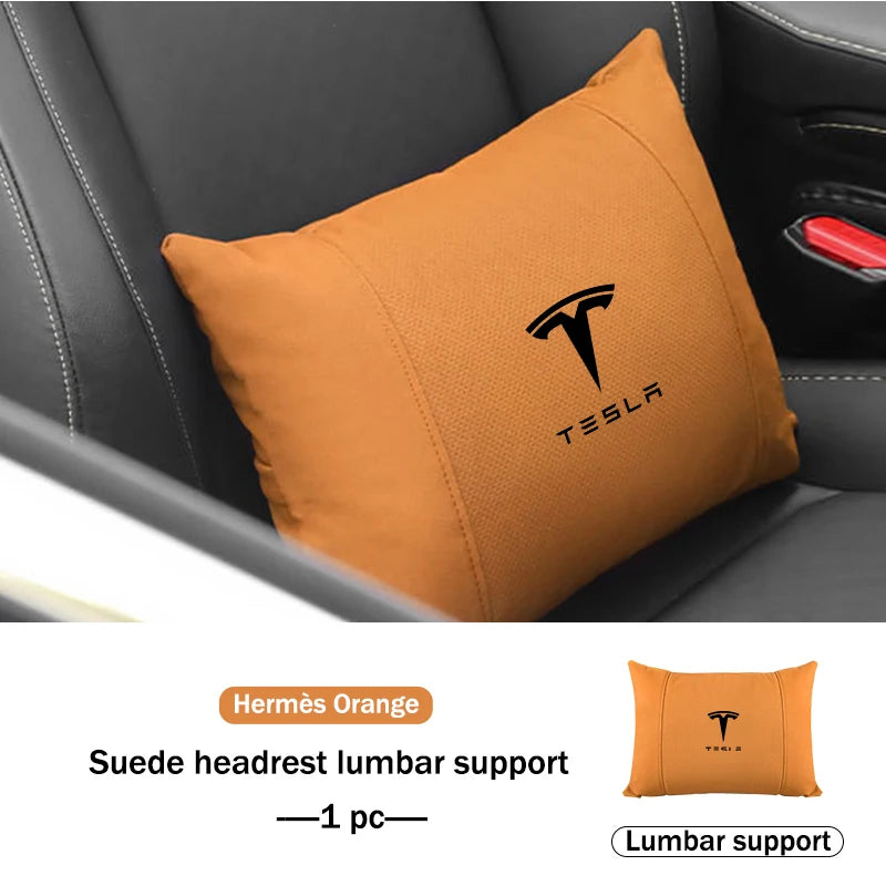 Suede Car Seat Neck Pillow Headrest Waist Lumber Support For Tesla Model 3 Y S X Roadster