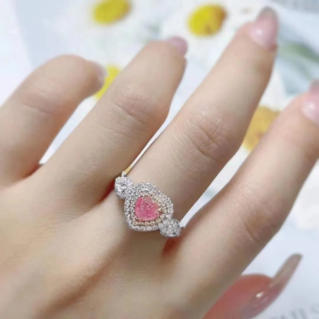 SGARIT Fashion Jewelry 18K Gold 0.53 Carat Classic Heart Shaped Diamond Rings Heart Cut Pink Diamond Ring for Woman Wedding
