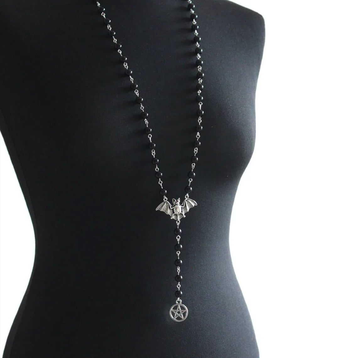 Gothic Bat Pendant Necklace for Women Men Beaded Chain Retro Pagan Pentagram Goth Necklace Male Female Jewelry Gift Accessories