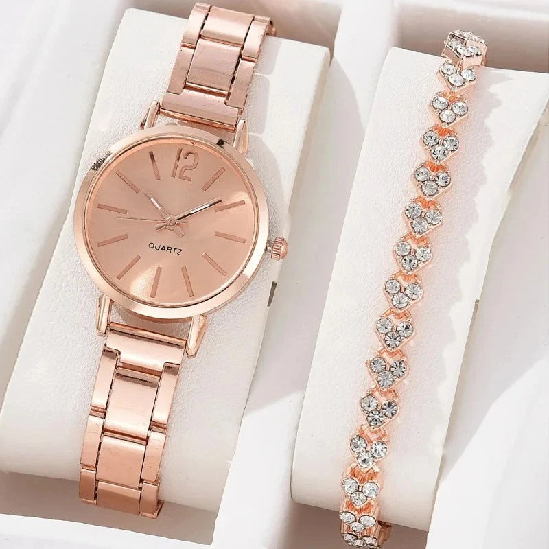 Womens Fashion Simple Digital Alloy Quartz Watch Bracelet 2 Piece Set Luxury Women Simple Dial Ladies Watch Reloj Mujer