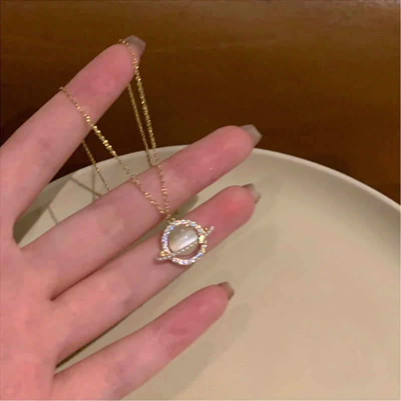 Fairy Elegant Pink Round Crystal Pendant Necklace Simple Design Korean Fashion Girls Women Star Clavicle Chain Jewelry Gifts