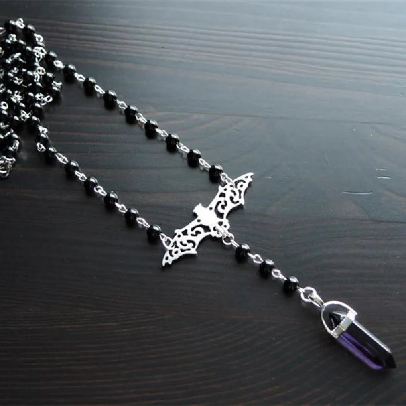Gothic Bat Pendant Necklace for Women Men Beaded Chain Retro Pagan Pentagram Goth Necklace Male Female Jewelry Gift Accessories