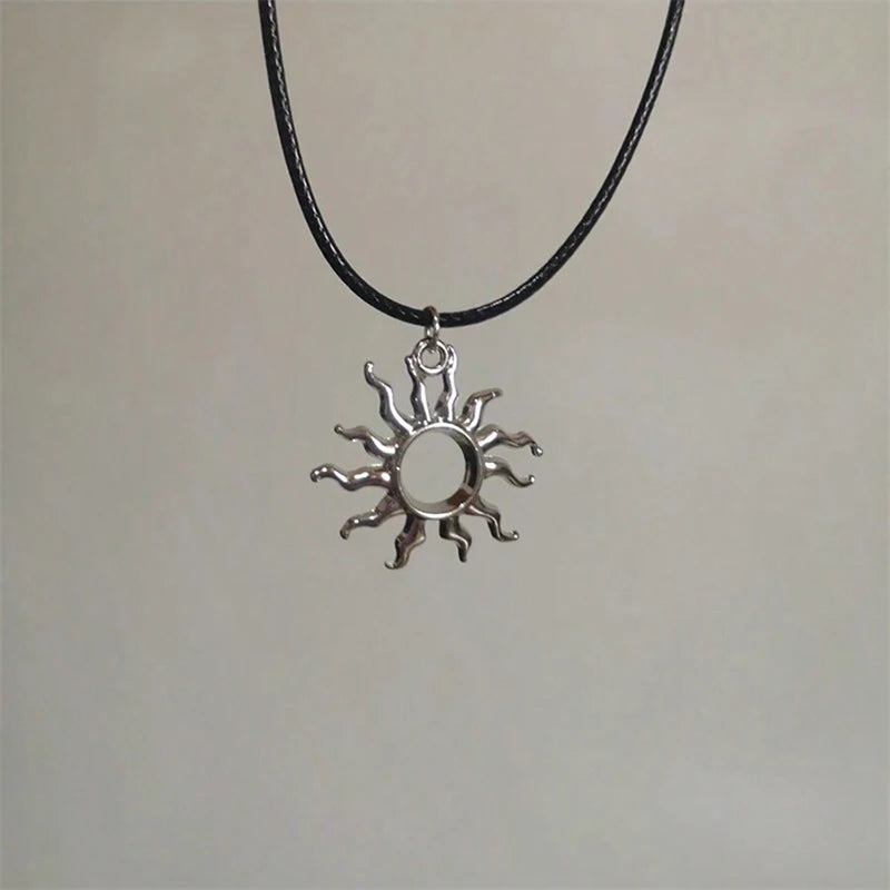 Hip Hop Burning Sun Pendant Leather Rope Necklace Vintage Whirlpool Geometric Necklaces For Men Boys