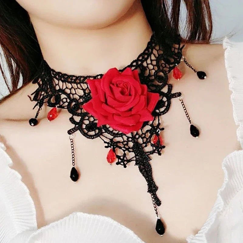 Gothic Black Lace Choker Necklace For Women Vintage Tassel Clavicle Chain Halloween Collar Choker Steampunk Party Jewelry Gift