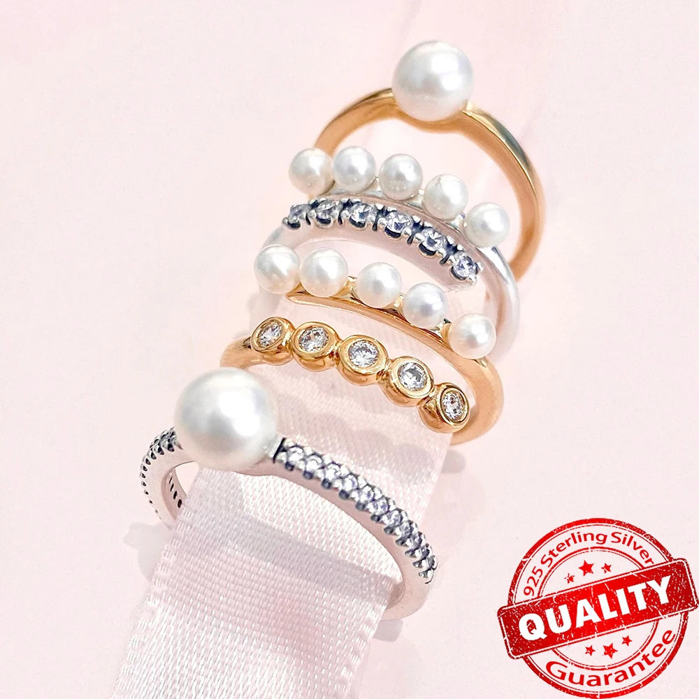 Sparkling Black Row Eternity Diamond Ring 925 Sterling Silver Freshwater Cultured Pearls Finger Open Ring for Women Jewelry Gift