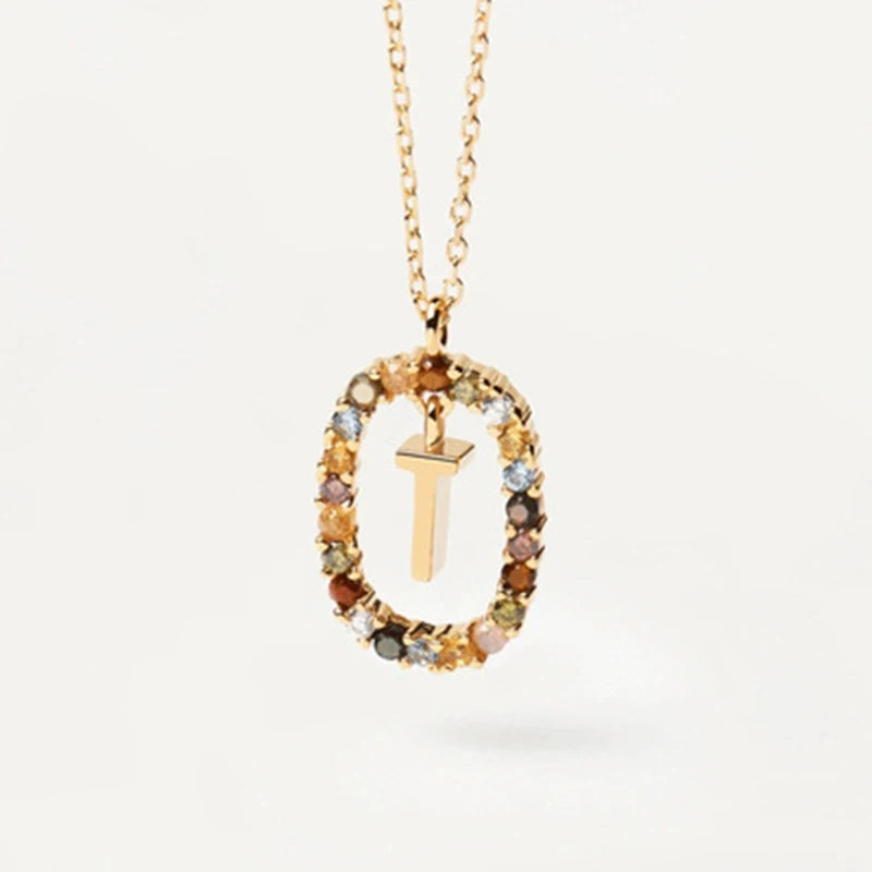 New 26 English Letter Pendant 925 Sterling Colored Zircon Letter Necklace Choker Fine Jewelry For Women