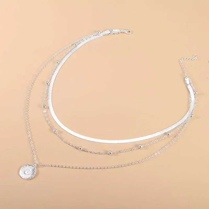925 Sterling Silver Three-Layer Round Necklace for Women Simple Snake Chain Charm Ball Chain Party Gift Women's ExquisiteJewelry