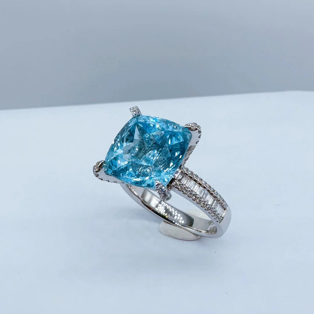 FY25 GUILD Solid G18K Gold Natural Santa Maria Blue Aquamarine Gemstones 7.09ct Diamonds Female Anniversary Gift Fine Rings