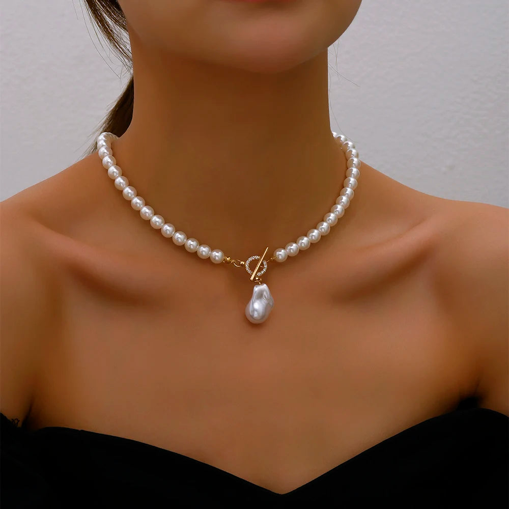 2023 Trend Elegant Jewelry Wedding Big Pearl Necklace For Women Fashion Imitation Pearl Green Rose Color Stone Choker Necklace