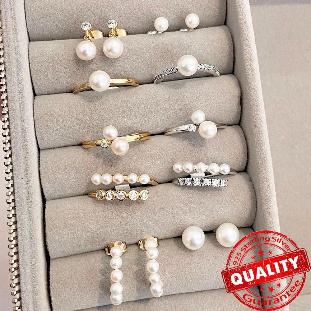 Sparkling Black Row Eternity Diamond Ring 925 Sterling Silver Freshwater Cultured Pearls Finger Open Ring for Women Jewelry Gift