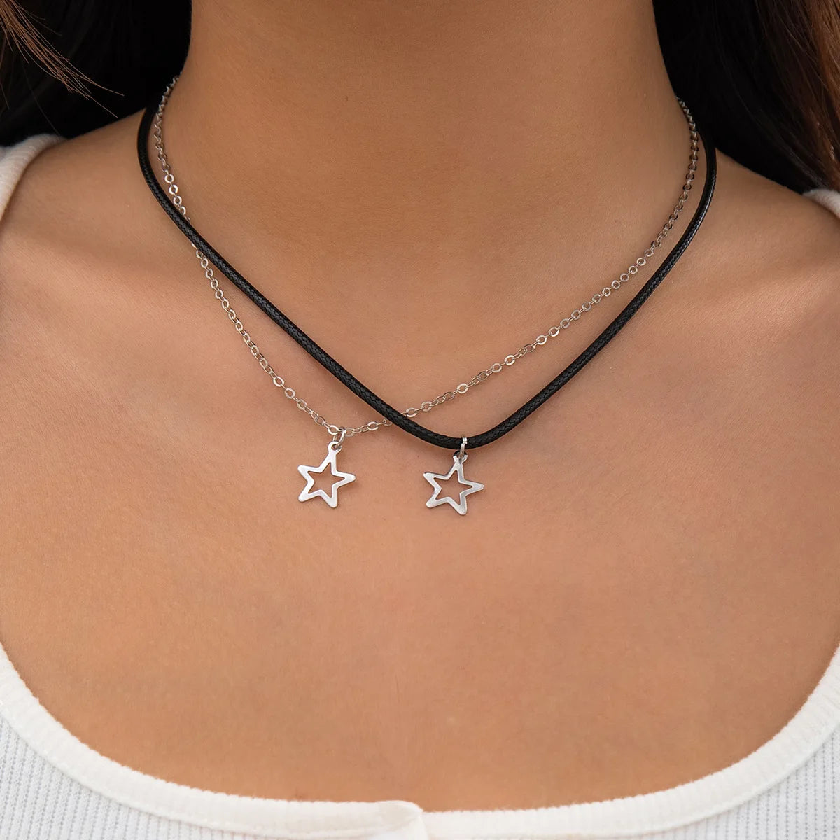 Fashion Double Layered Black Bead Star Choker Necklace Punk Pentagram Leather Rope Necklaces For Women Girls