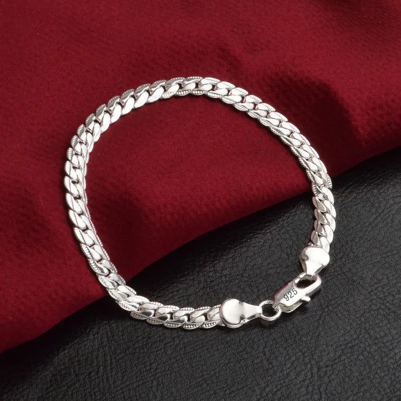 925 Sterling Silver Bracelet 6mm 18/20cm Flat Side Chain Lobster Clasp For Woman Man Wedding Engagement Jewelry