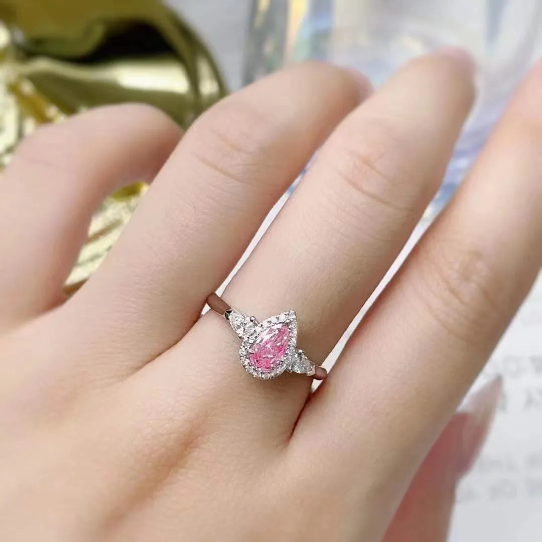 SGARIT Jewelry 18K White Gold 0.55 Carat Ring Drop Shaped Clarity VS Pink Natural Diamond Ring for Woman Birthday Gift