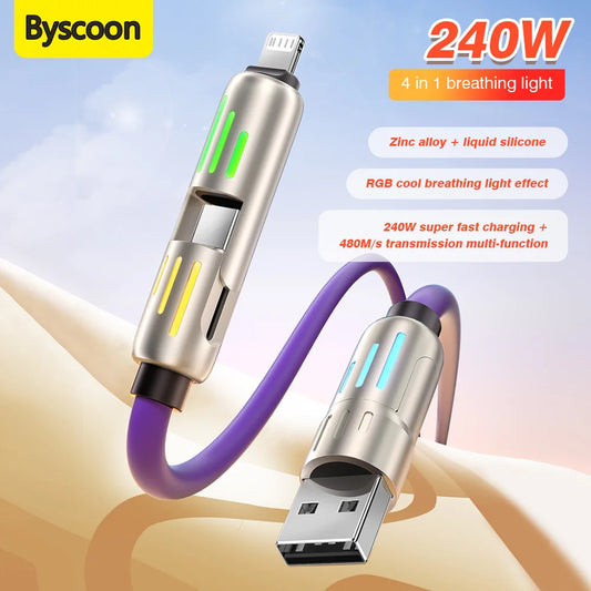 240W 4-in-1 Super Fast Charging Cable RGB Breathing Light Type-C  For iPhone7-16ProMax iPad Notebook Tablet Mobile Phone Samsung