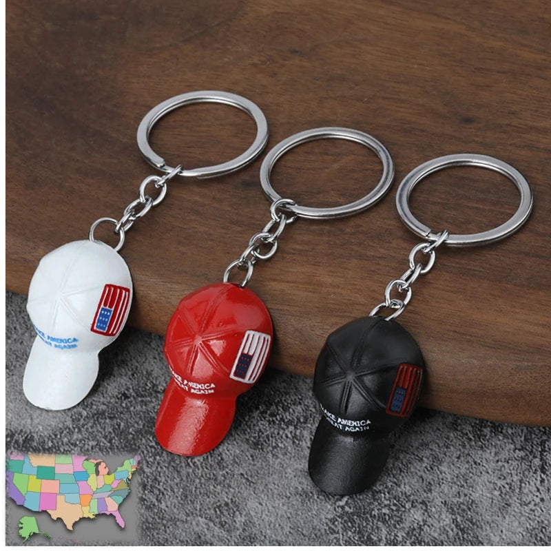 American Flag Hat Trump Red Hat Pendant Keychain Make America Great Again Metal Key Chain for Men Mesh Cap Car Key Ring Jewelry