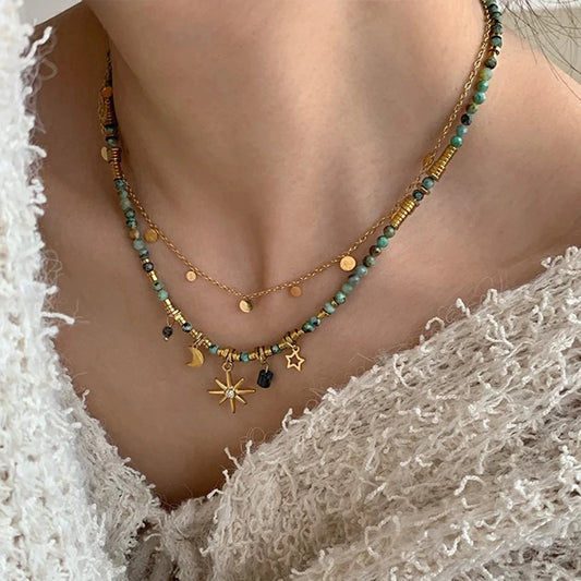 ZAKOL Vintage Bohemian Style Stone Beads Necklace for Women Charm Mang Star Pendant Stacked Clavicle Chain Fashion Jewelry Gifts