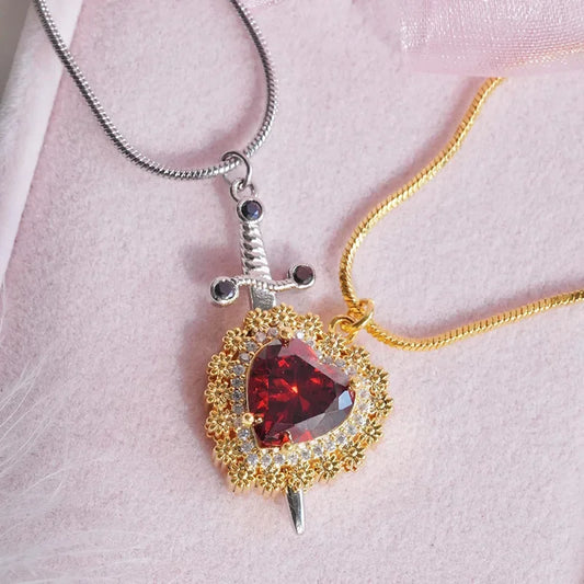 Gothic Punk One Arrow Through The Heart Creative Two Color Couple Necklace Red Rhinestone Heart Dagger Necklace Good Friend Gift