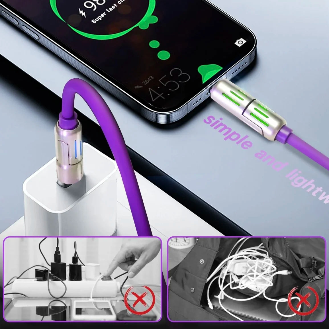 240W 4-in-1 USB Type C Silicone Fast Charging Cable, For iPhone/Huawei/Samsung/ Durable Type-C To USB A Cable