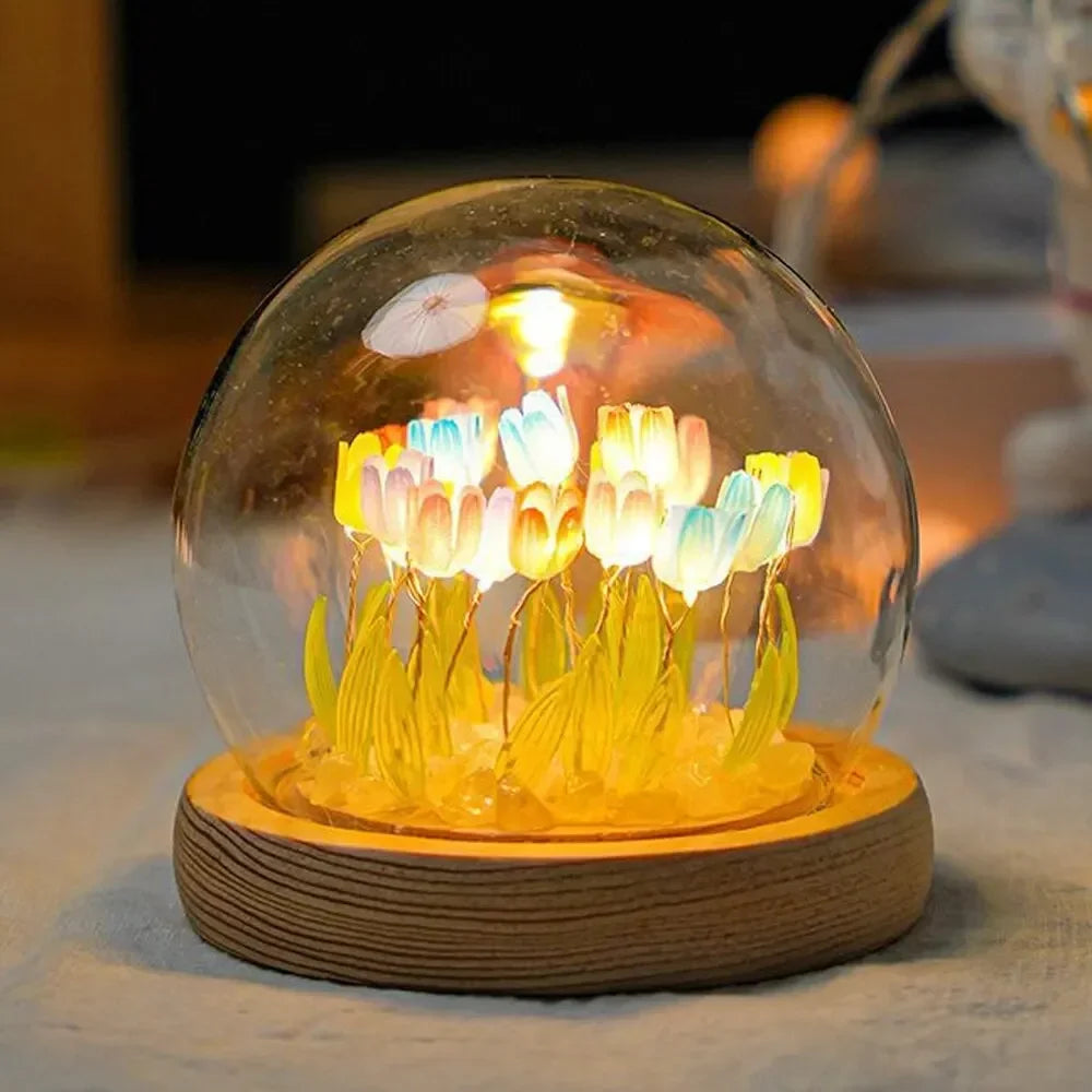 Artificial Tulip Night Light with Transparent Cover Handmade DIY Bedside Lamp LED Night Light Home Decoration Atmosphere Light