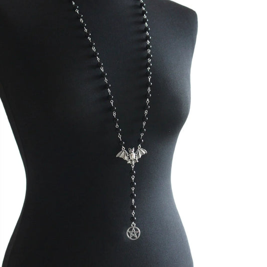 Gothic Bat Pendant Necklace for Women Men Beaded Chain Retro Pagan Pentagram Goth Necklace Male Female Jewelry Gift Accessories