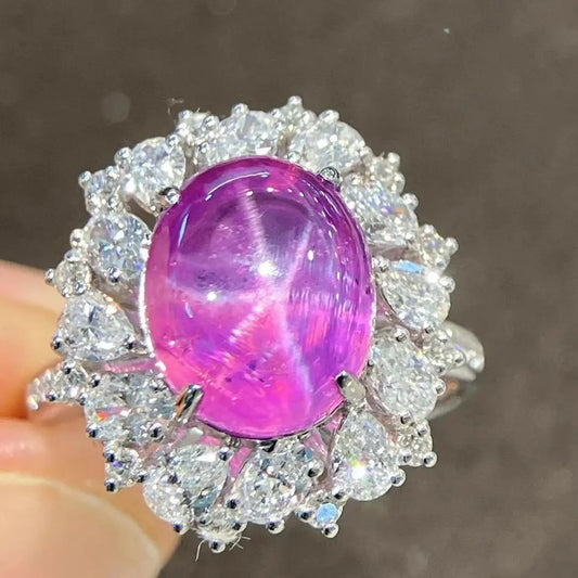 LR24 Solid 18K White Gold Natural Unheat Pink Star Sapphire 6.86ct Gemstones Unisex Sapphire Diamonds Rings