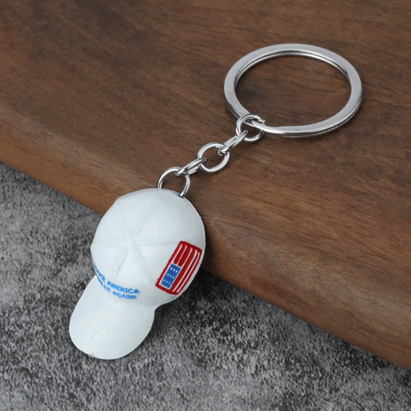 American Flag Hat Trump Red Hat Pendant Keychain Make America Great Again Metal Key Chain for Men Mesh Cap Car Key Ring Jewelry