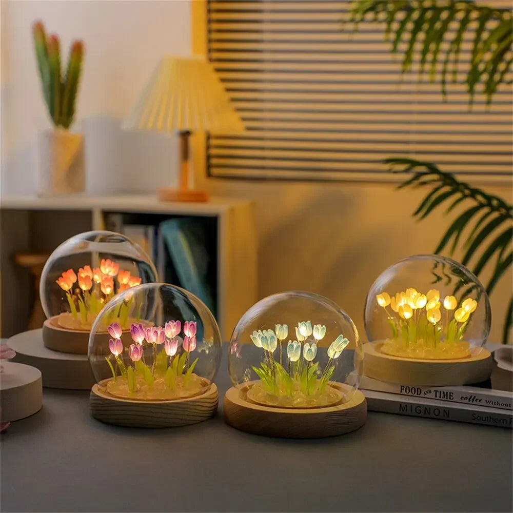 Artificial Tulip Night Light with Transparent Cover Handmade DIY Bedside Lamp LED Night Light Home Decoration Atmosphere Light