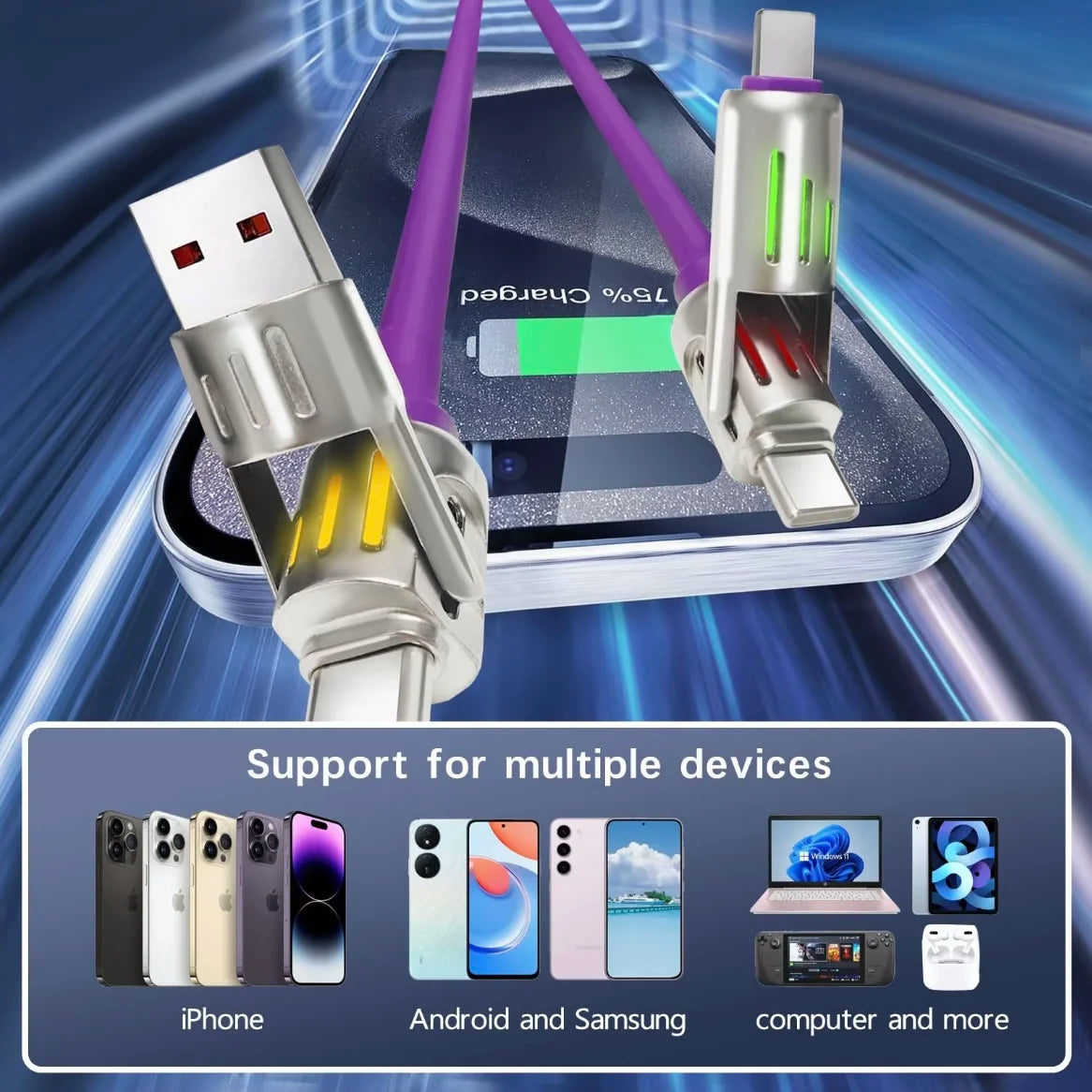 240W 4-in-1 USB Type C Silicone Fast Charging Cable, For iPhone/Huawei/Samsung/ Durable Type-C To USB A Cable
